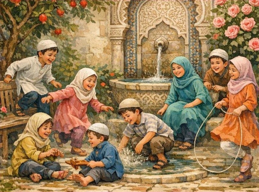 Des enfants jouent autour d'une fontaine dans un patio fleuri